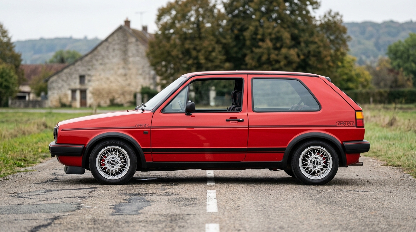 Volkswagen Golf GTI Mk2 : Vue de côté Profil latéral complet d'une Volkswagen Golf GTI Mk2 rouge, soulignant ses lignes angulaires et son design intemporel.
