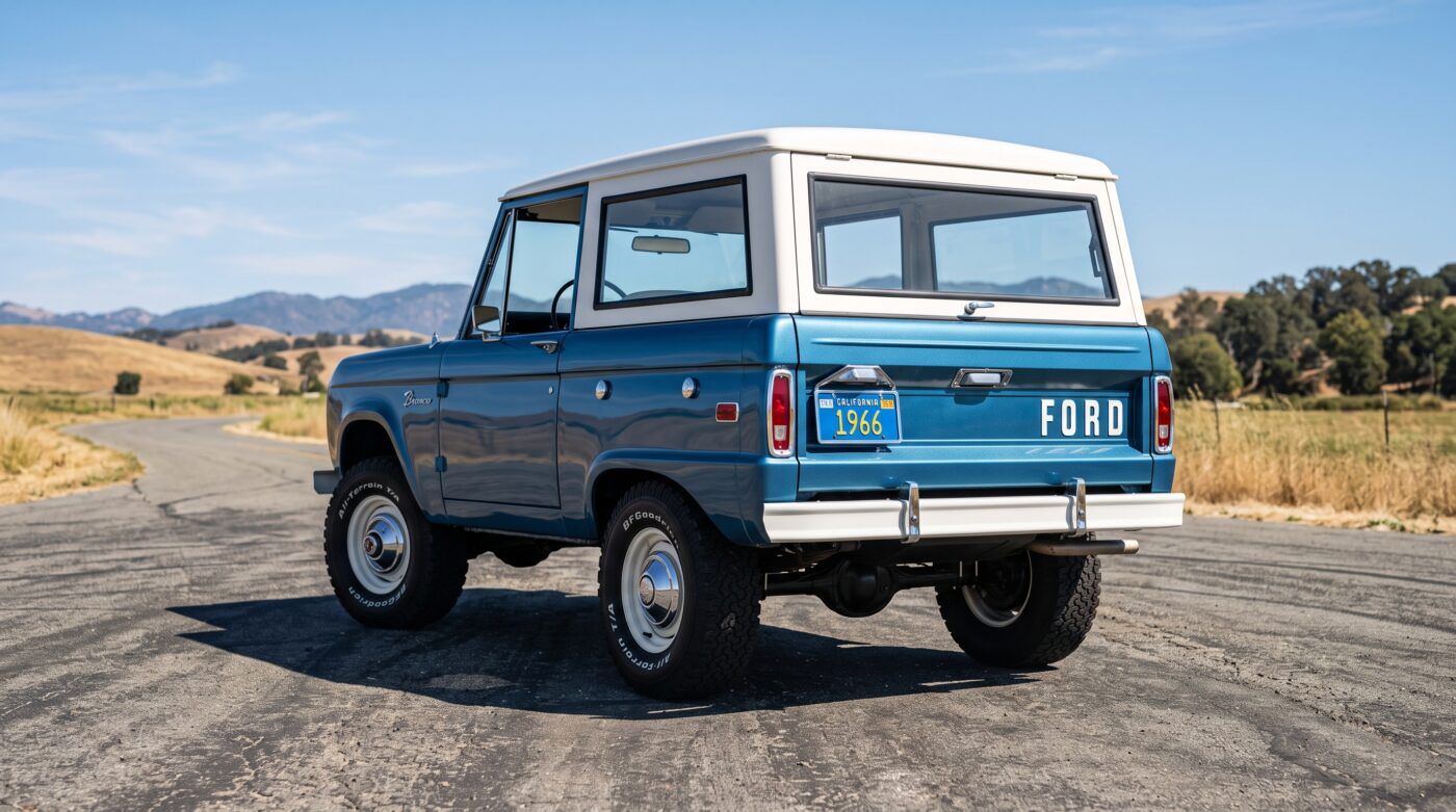 Vue arrière du Ford Bronco Mk1 bleu 1966 mettant en valeur les optiques arrière et la carrosserie originale.