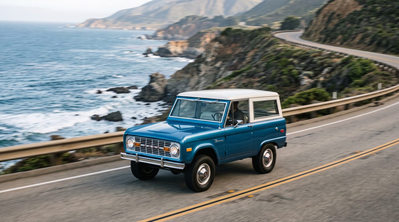 Essai routier d'un Ford Bronco Mk1 bleu de 1966 circulant sur une route panoramique pour une expérience de conduite authentique.
