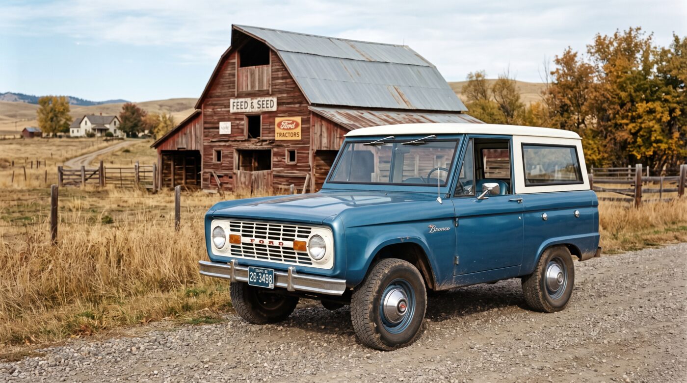 Ford Bronco Mk1 bleu de 1966 dans un cadre historique rappelant les origines du premier tout-terrain de Ford.
