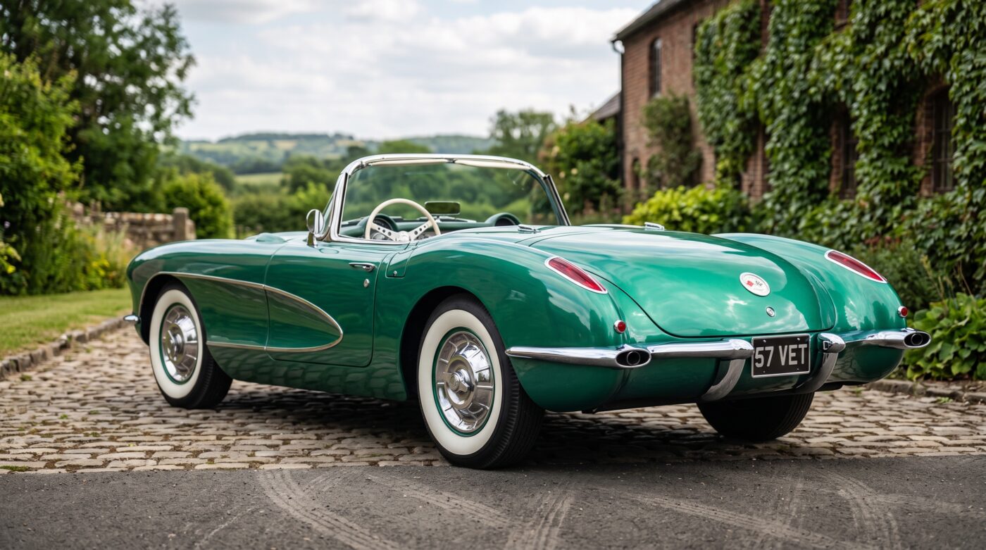 Vue arrière de trois quarts d'une Chevrolet Corvette C1 verte classique avec ses feux caractéristiques.