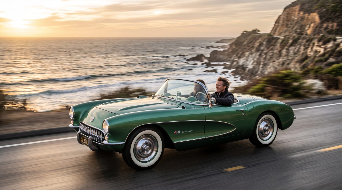 Essai routier d'une Chevrolet Corvette C1 verte en mouvement sur une route panoramique.