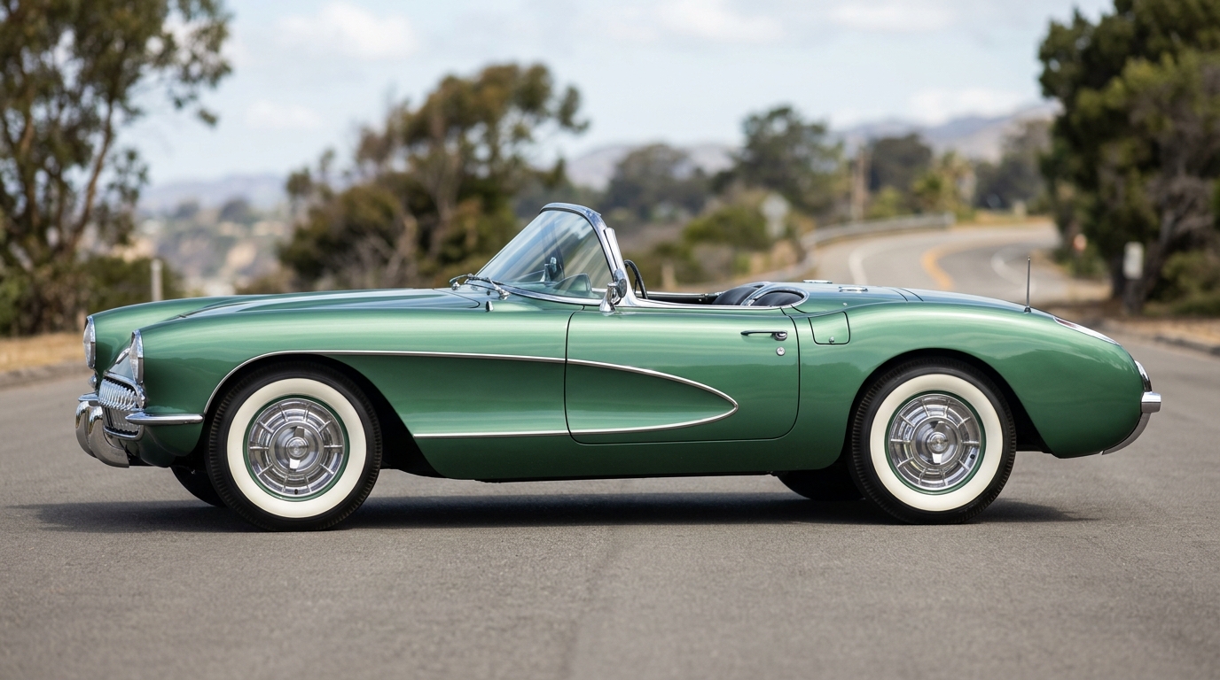  Vue latérale profilée d'une Chevrolet Corvette C1 verte mettant en valeur sa ligne de carrosserie.