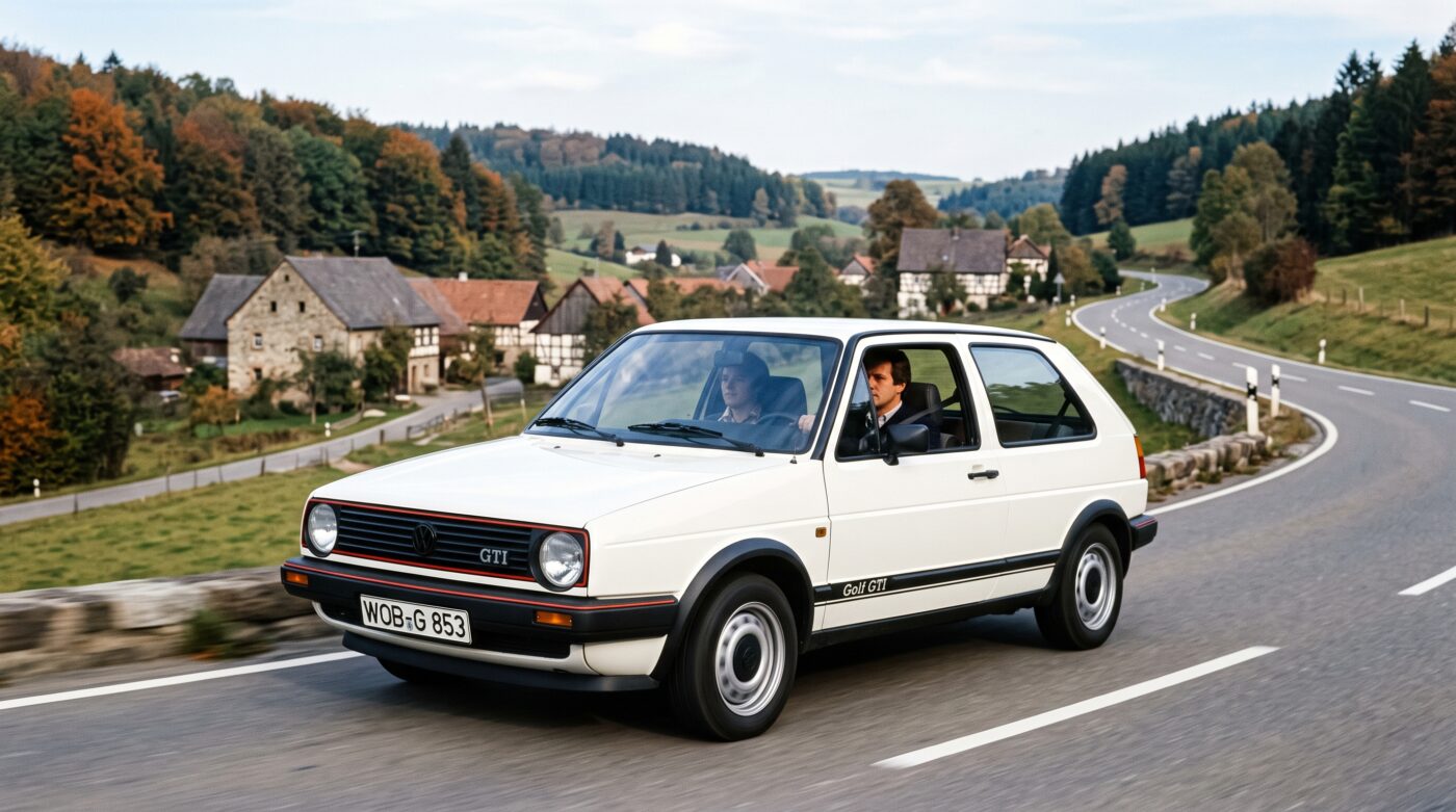 Volkswagen Golf GTI Mk2 : Histoire Détail iconique du badge GTI sur une Volkswagen Golf GTI Mk2 rouge, témoin de l'histoire du modèle.