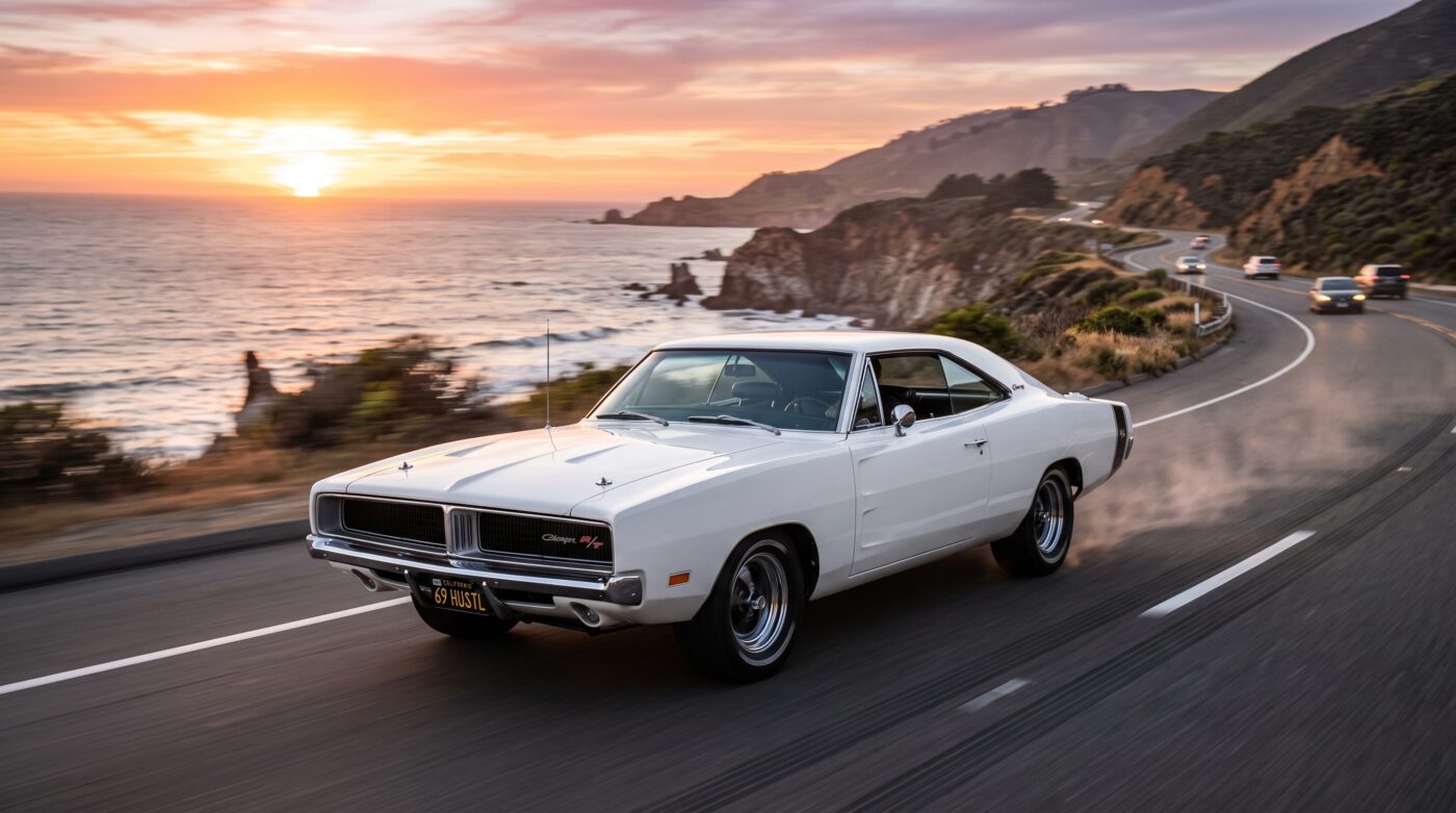  Dodge Charger 1969 blanche en mouvement lors d'un essai routier sur une route sinueuse ensoleillée.