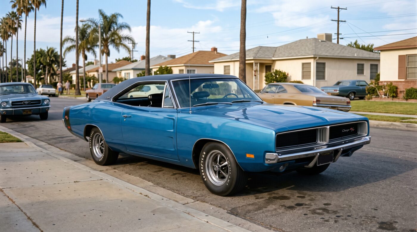 Vue verticale du compartiment moteur V8 d'une Dodge Charger 1969, propre et conforme à l'origine.