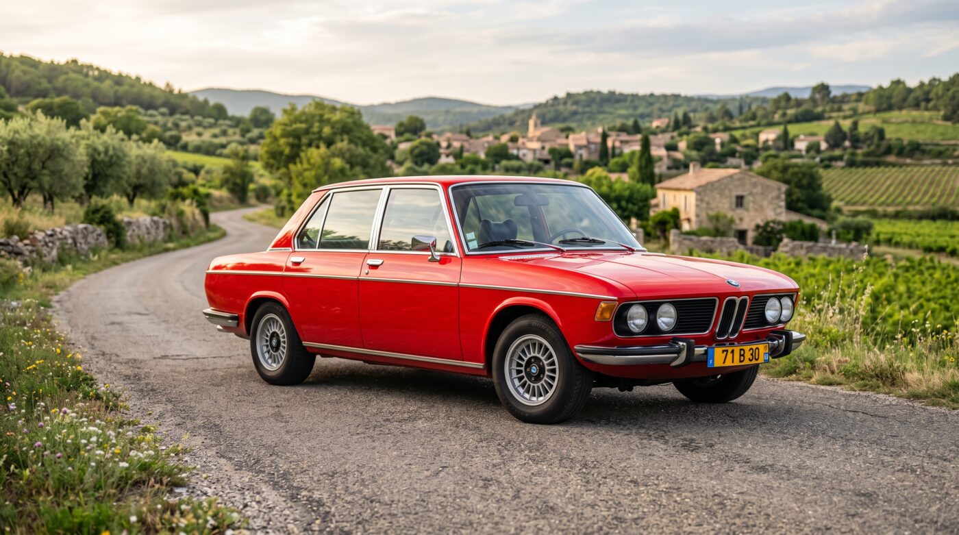 BMW 3.0 Si 1971 rouge vue de trois quarts avant stationnée dans un paysage naturel avec une plaque française