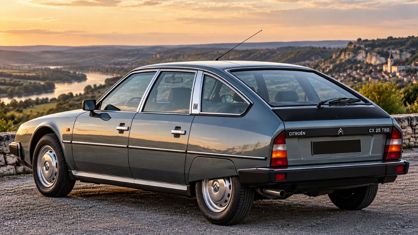 Citroën CX vue de trois quarts arrière au coucher du soleil