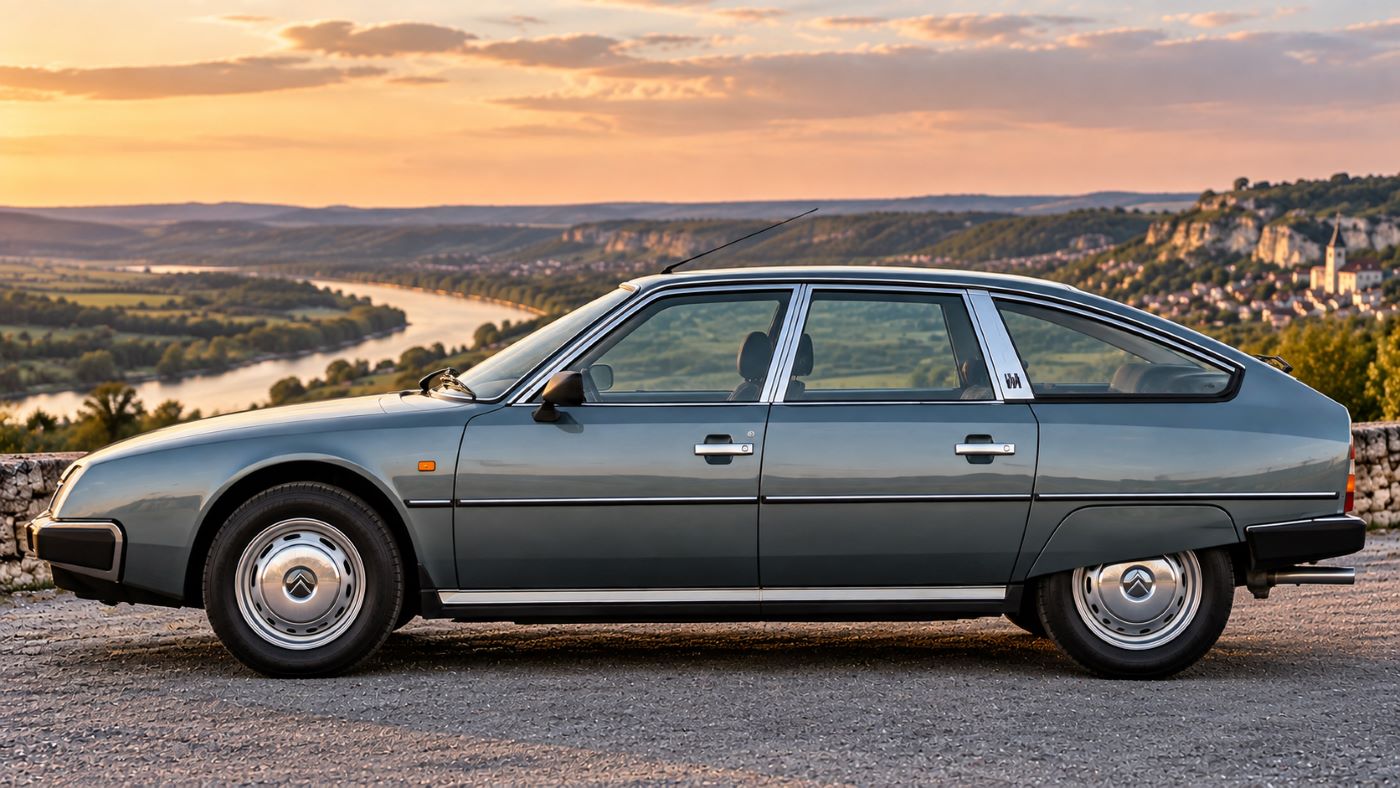 Citroën CX vue de profil au coucher du soleil
