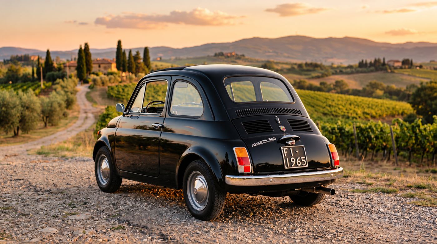 Fiat Abarth 595 au coucher du soleil, vue de trois quarts arrière
