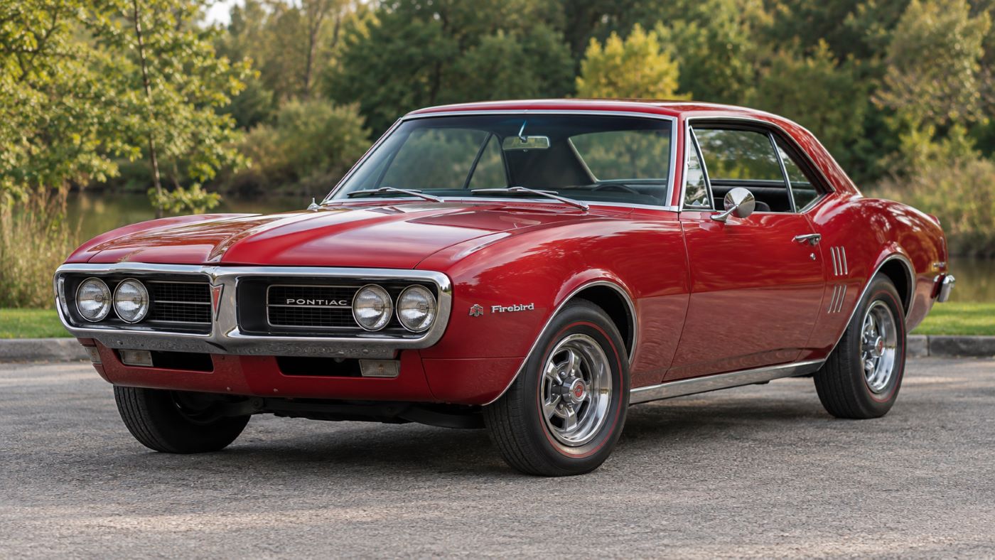 Pontiac Firebird 1967 rouge vue de trois quarts avant