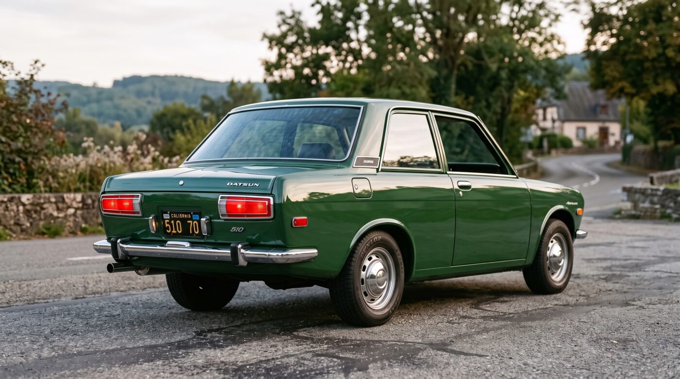 Vue arrière de trois quarts d'une Datsun 510 classique de couleur verte en état d'origine