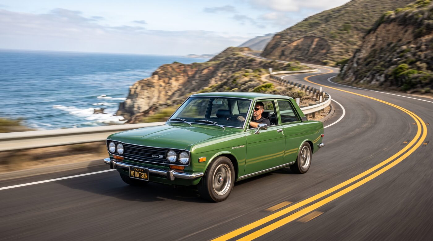 Datsun 510 verte en plein essai routier sur une route sinueuse en bord de mer