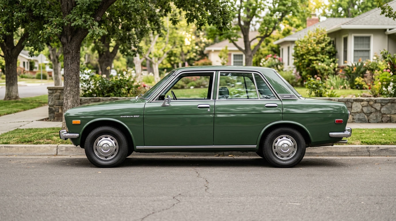 Profil latéral de la Datsun 510 verte mettant en valeur sa ligne de berline classique