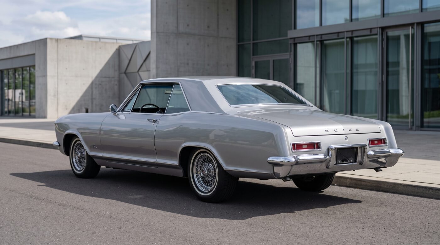 Vue arrière de trois quarts d'une Buick Riviera 1963 grise mettant en valeur le design raffiné de la malle arrière et des optiques.
