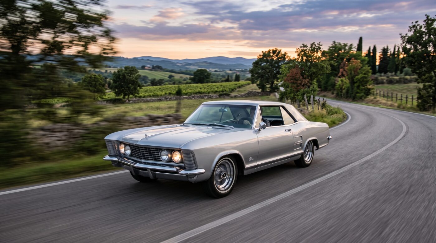 Essai routier d'une Buick Riviera 1963 grise sur une route panoramique, illustrant le confort et le style du modèle classique.