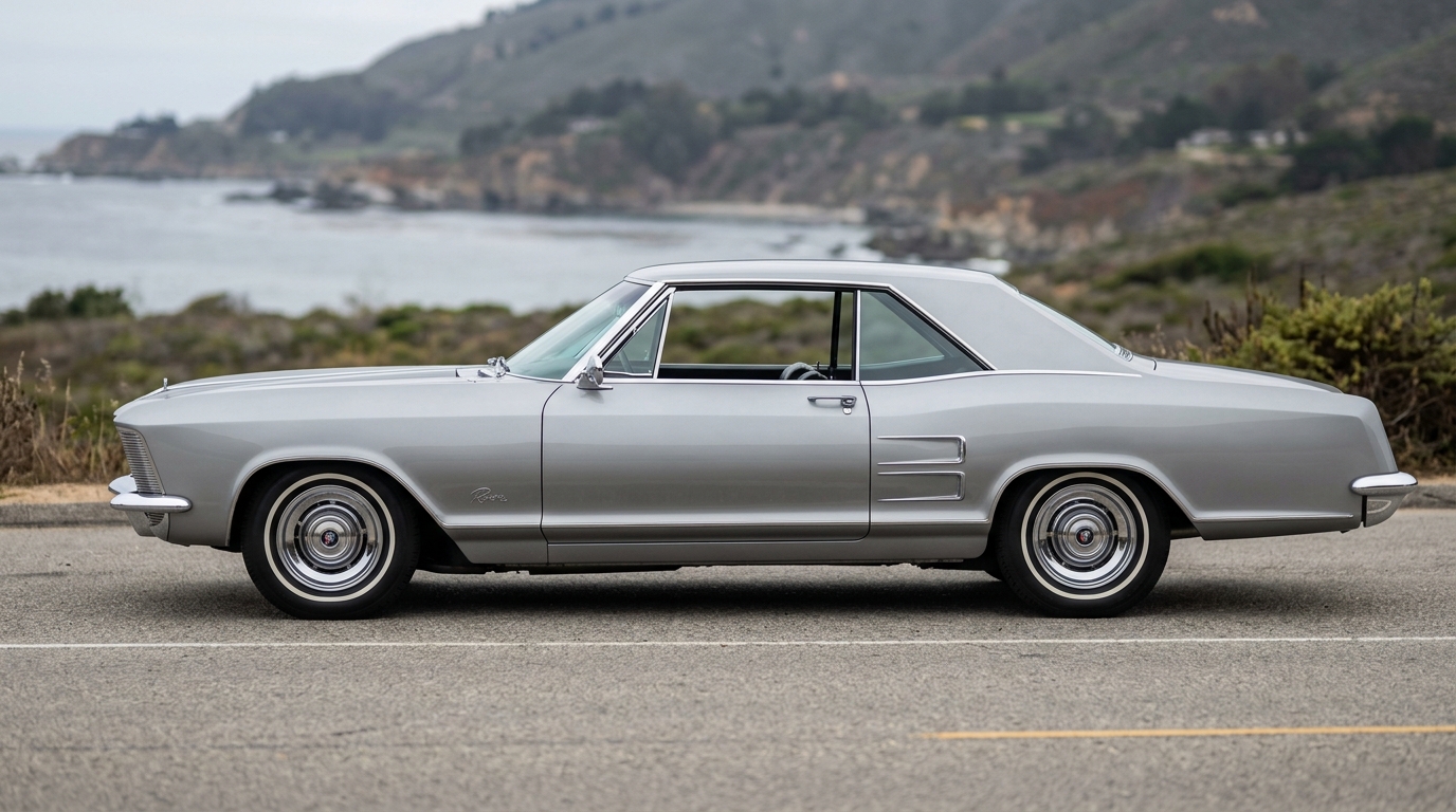 Profil latéral complet de la Buick Riviera 1963 grise, soulignant la ligne élégante et intemporelle de ce coupé de collection.