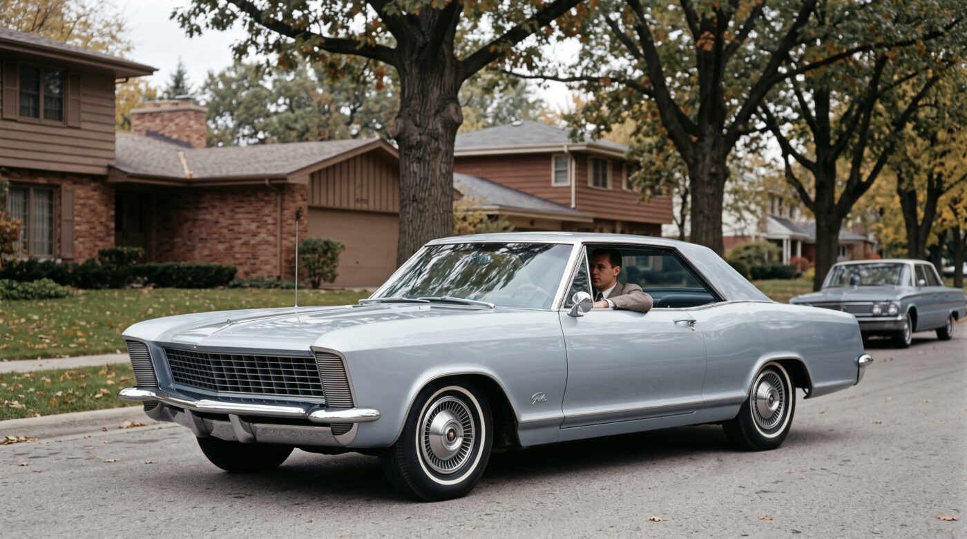Détails historiques des optiques avant escamotables et du badge Buick sur une Riviera 1963 grise.