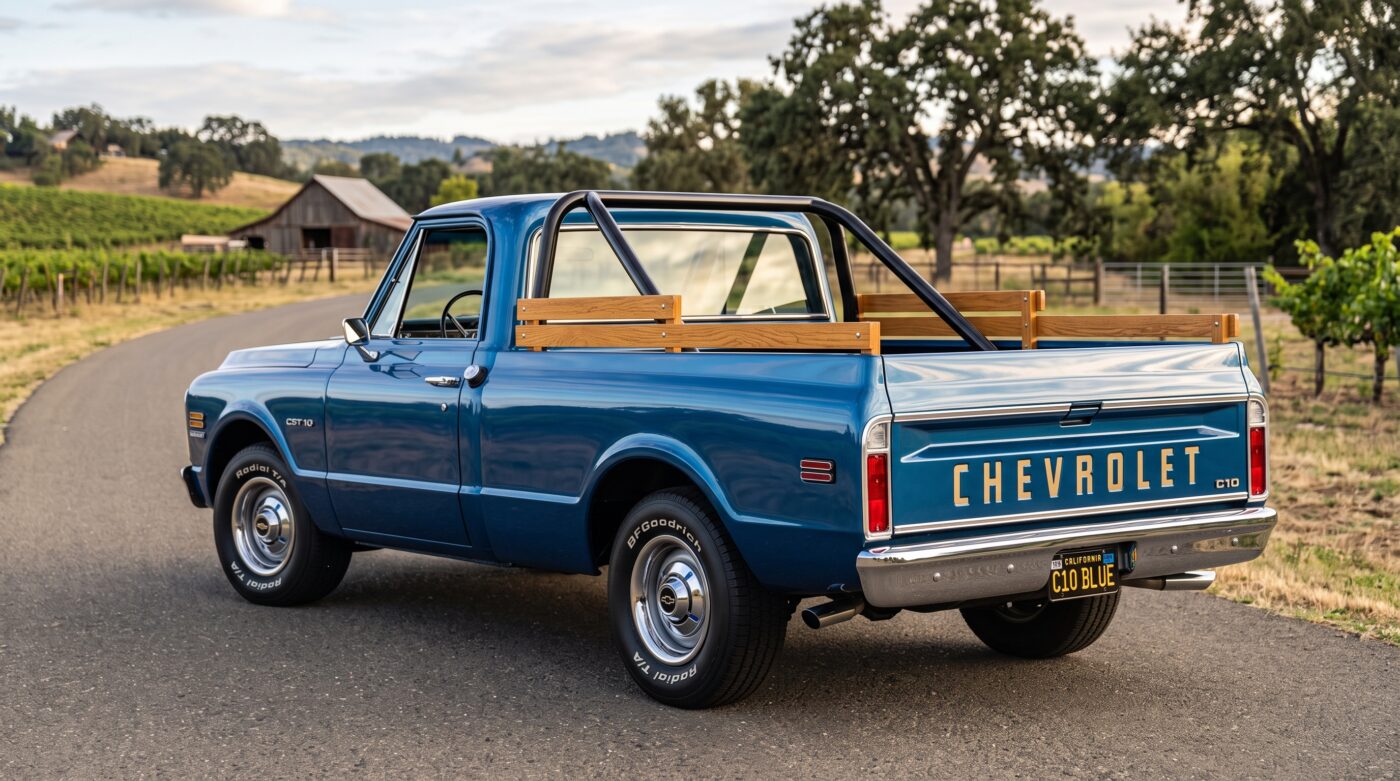 Chevrolet C10 Bleu : Vue arrière Chevrolet C10 bleu vu de trois quarts arrière dans un décor naturel, mettant en avant la benne et les feux.