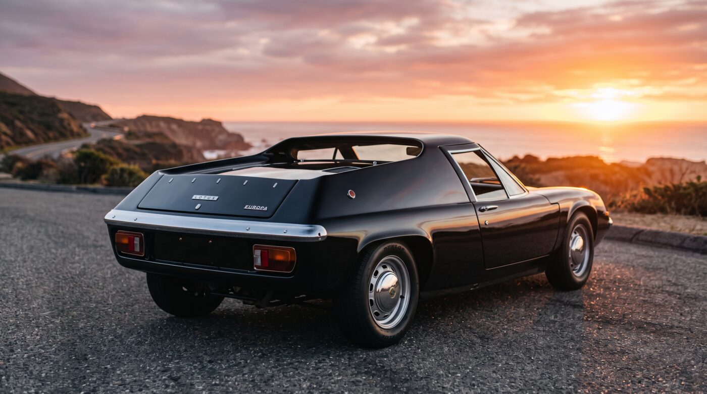 Lotus Europa 1966 : Vue arrière Vue de trois quarts arrière de la Lotus Europa 1966 noire mettant en avant son design unique.