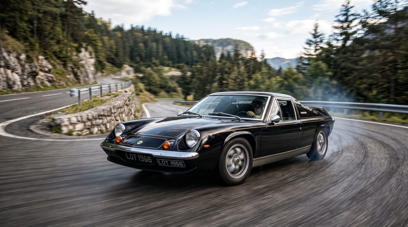 Lotus Europa 1966 : Essai routier La Lotus Europa 1966 noire en plein essai routier sur une route sinueuse de campagne.