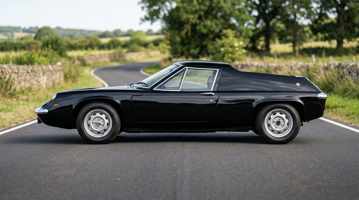 Lotus Europa 1966 : Profil latéral Profil latéral complet d'une Lotus Europa 1966 noire soulignant sa ligne de carrosserie basse.