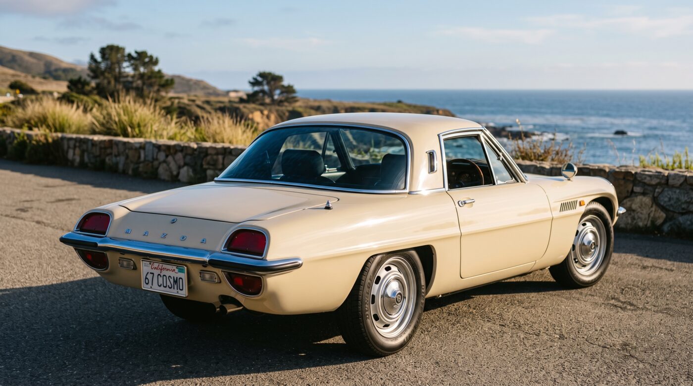 Mazda Cosmo 110S 1967 : vue arrière Vue de trois quarts arrière de la Mazda Cosmo 110S beige de 1967, illustrant les lignes fluides et les feux arrière caractéristiques.