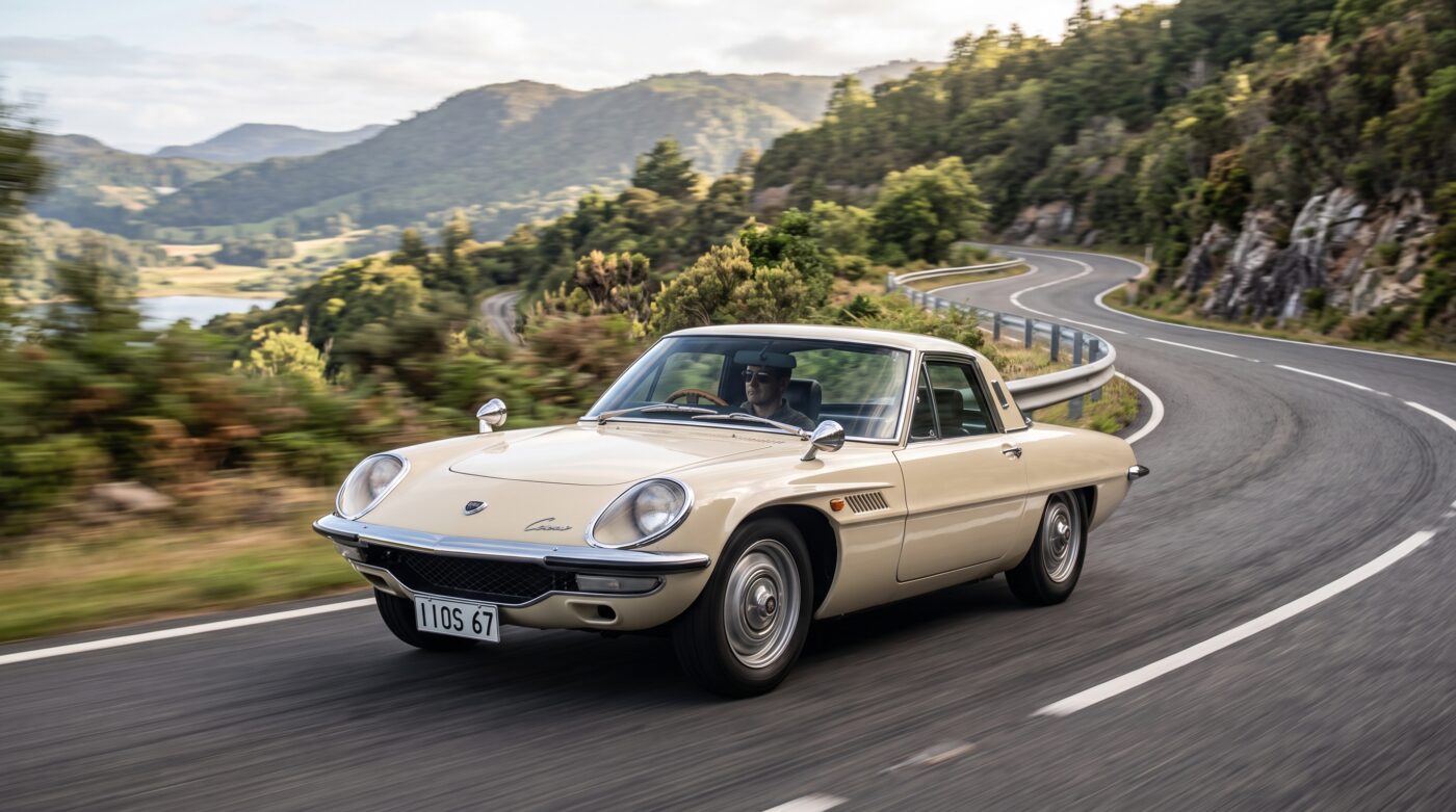Essai routier de la Mazda Cosmo 110S La Mazda Cosmo 110S beige de 1967 en situation d'essai routier sur une route de campagne, capturée en mouvement dynamique.
