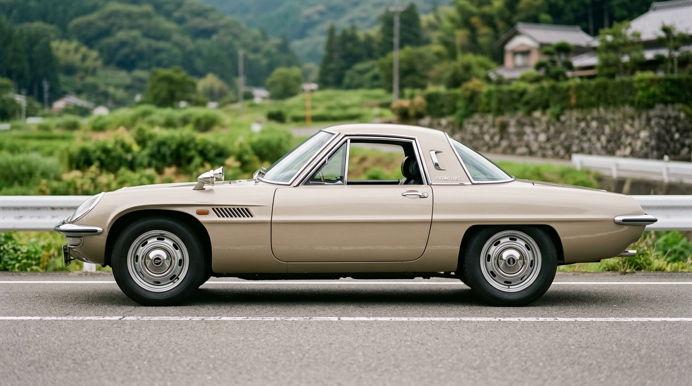 Mazda Cosmo 110S : profil Vue de profil latérale de la Mazda Cosmo 110S beige de 1967, soulignant la finesse de son design et ses proportions d'origine.