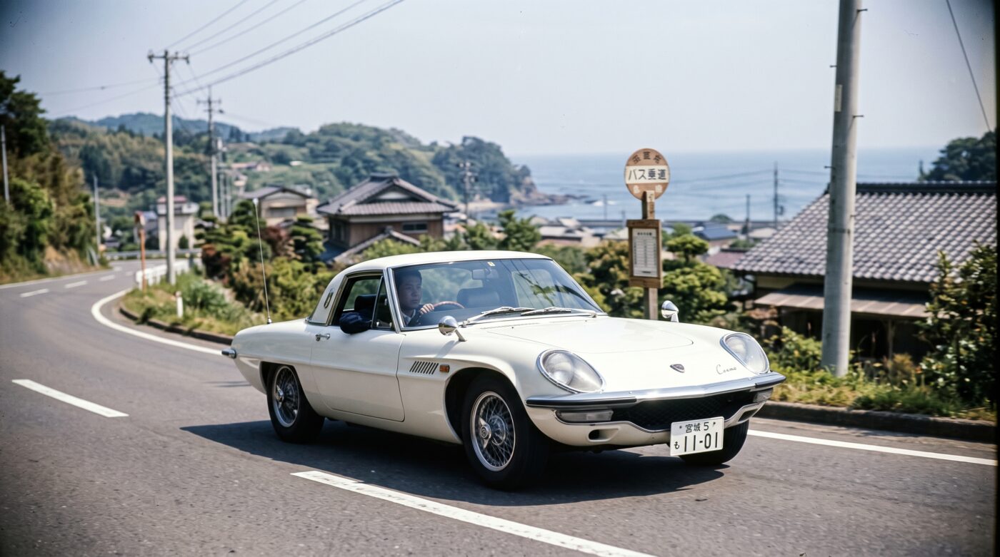 Détail historique Mazda Cosmo 110S Détail historique du badge emblématique sur la carrosserie beige de la Mazda Cosmo 110S, témoin de son héritage automobile.