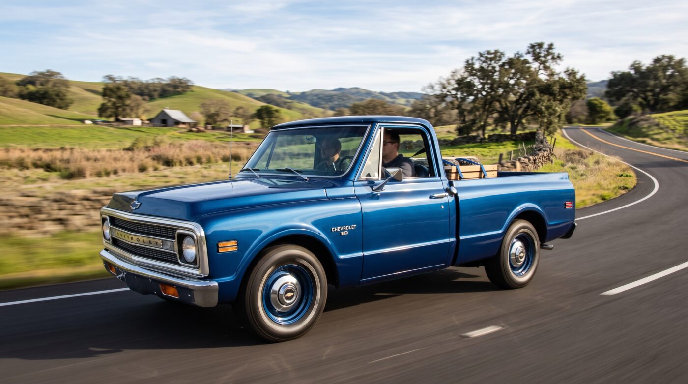 Chevrolet C10 Bleu : Essai routier Chevrolet C10 bleu en plein essai routier sur une route de campagne, capturé en mouvement, haute fidélité.