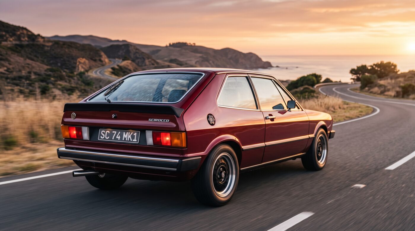 Volkswagen Scirocco Mk1 : Vue arrière Vue de trois quarts arrière d'une Volkswagen Scirocco Mk1 bordeaux illustrant son design sportif.