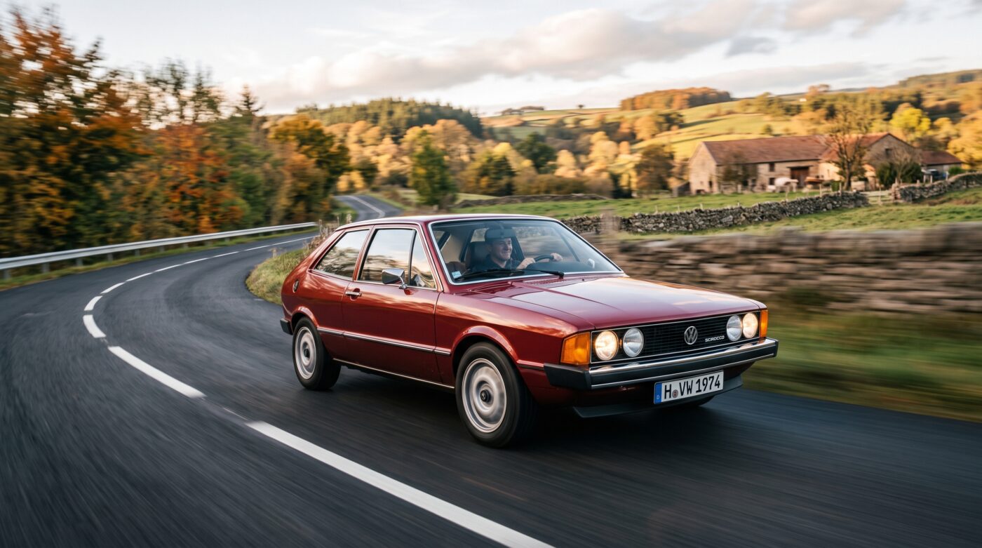 Volkswagen Scirocco Mk1 : Essai routier Volkswagen Scirocco Mk1 bordeaux en plein essai routier sur une route sinueuse.