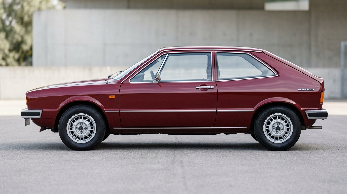 Volkswagen Scirocco Mk1 : Vue latérale Profil latéral d'une Volkswagen Scirocco Mk1 bordeaux mettant en avant sa silhouette profilée.