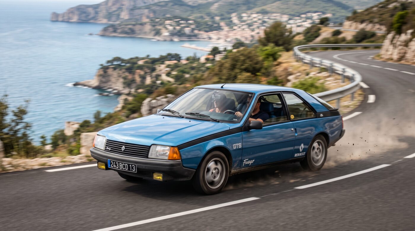 Renault Fuego bleu en action sur une route côtière lors d'un essai routier professionnel.