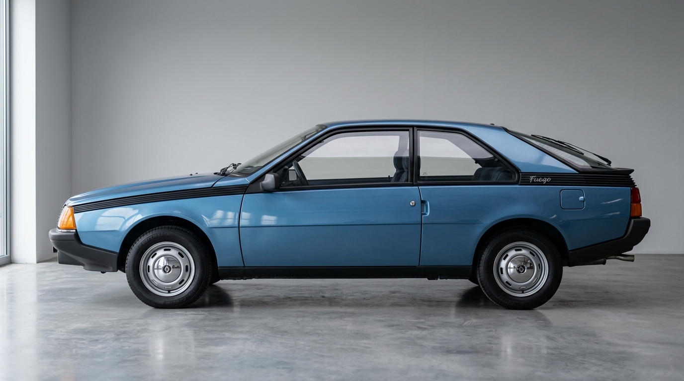 Profil latéral complet d'une Renault Fuego bleu montrant ses proportions de coupé iconique.