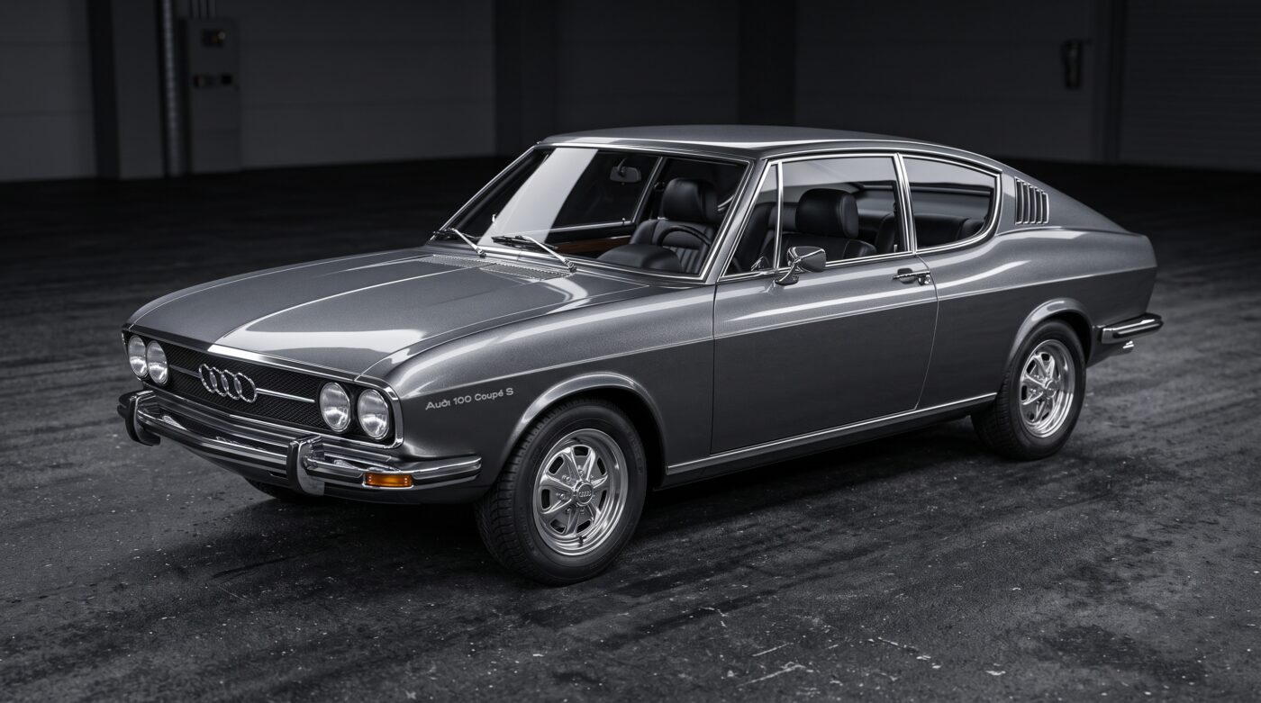Audi 100 Coupe S gris de 1970 vue de trois quarts avant, mettant en valeur son design fastback unique et ses finitions chromées.