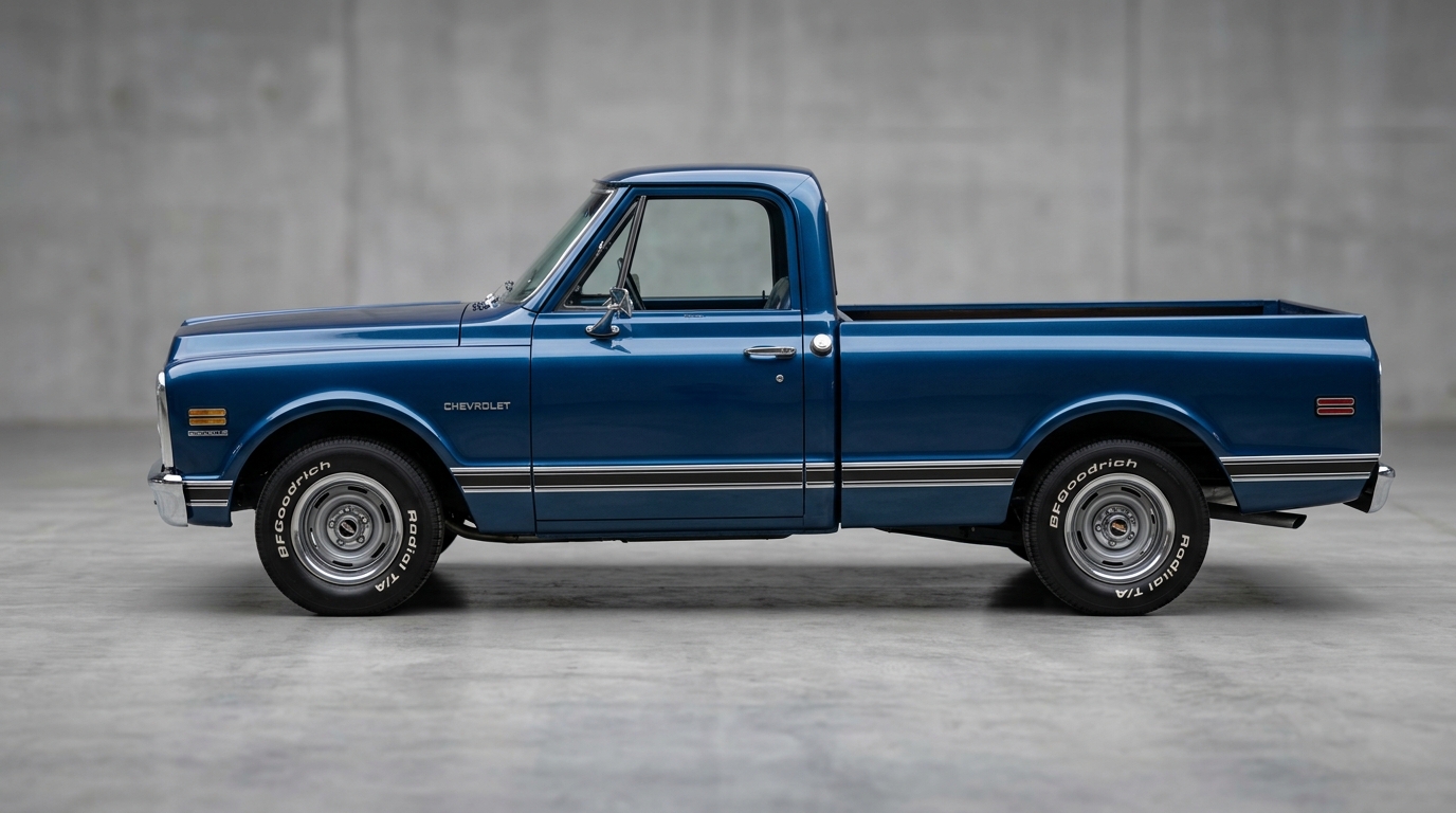 Chevrolet C10 Bleu : Vue latérale Profil latéral d'un Chevrolet C10 bleu mettant en évidence le design de sa carrosserie et ses chromes.