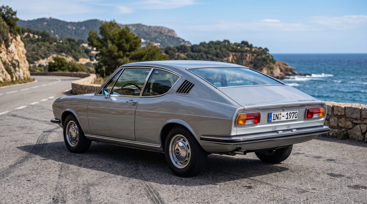 Vue de trois quarts arrière de l'Audi 100 Coupe S gris, soulignant les lignes fluides du coupé des années 70.