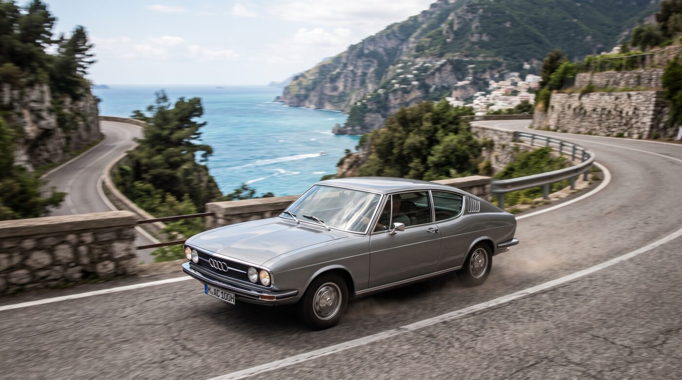Audi 100 Coupe S gris en plein essai routier sur une route de campagne, capturant l'élégance de ce classique automobile.