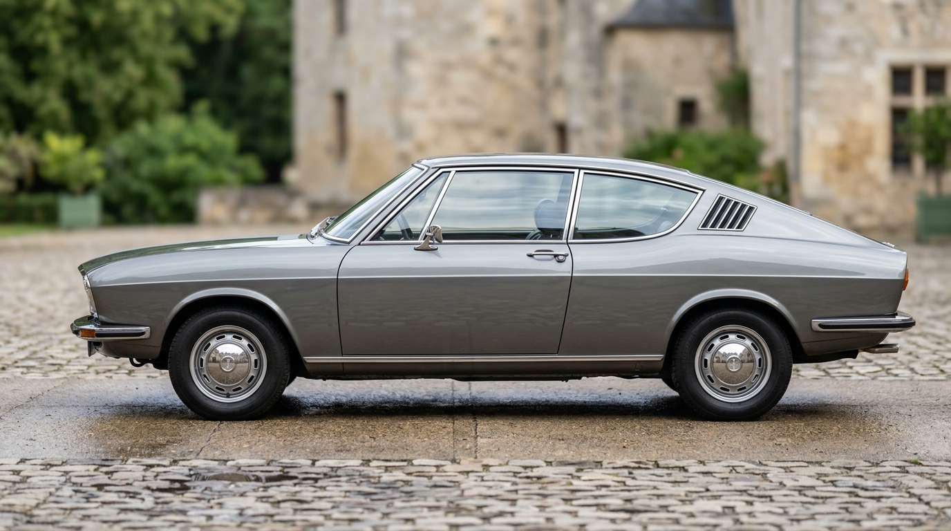 Profil latéral de l'Audi 100 Coupe S gris, illustrant les proportions harmonieuses de cette voiture de collection allemande.