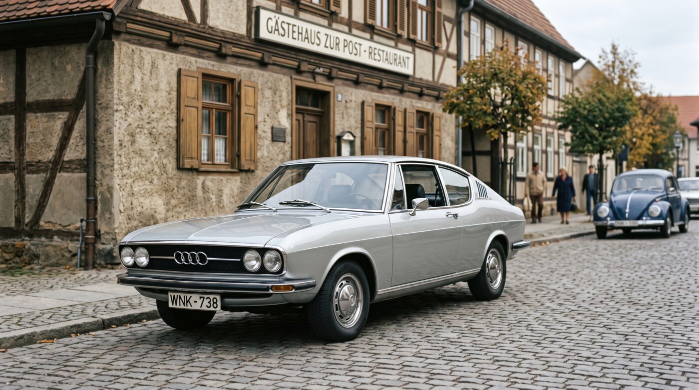 Détails historiques et éléments authentiques de l'Audi 100 Coupe S, évoquant son riche passé automobile des années 70.
