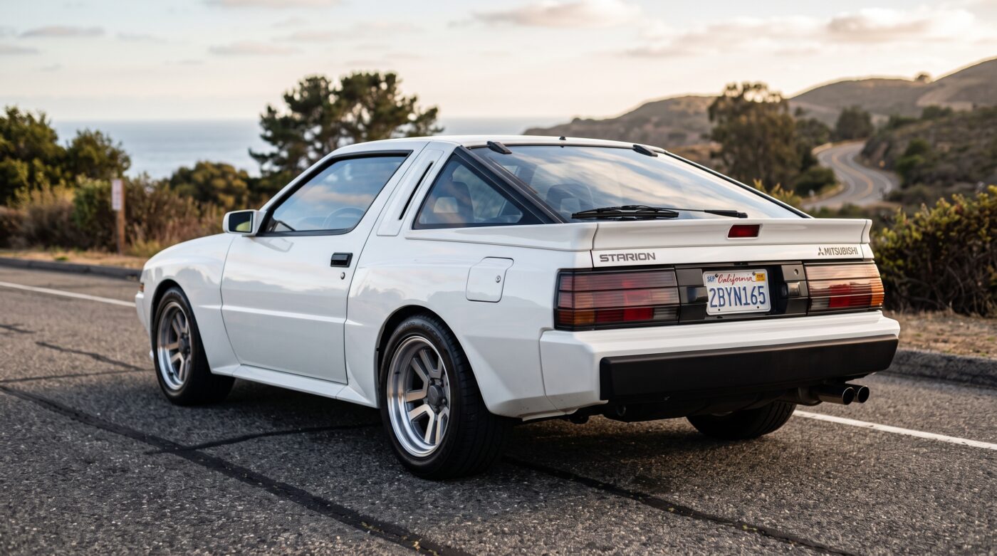 Vue de trois quarts arrière d'une Mitsubishi Starion 1982 blanche, soulignant son aileron arrière et ses lignes sportives des années 80.