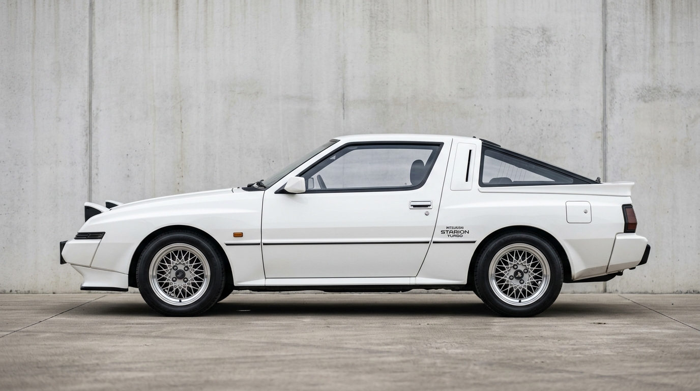 Vue de profil d'une Mitsubishi Starion 1982 blanche, mettant en évidence la silhouette basse et le design coupé sport de collection.