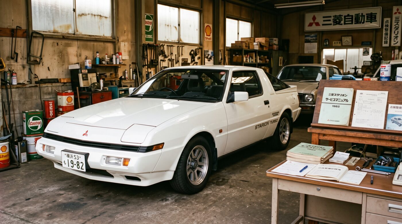 Mise en scène historique d'une Mitsubishi Starion 1982 blanche accompagnée de documents d'époque, illustrant la traçabilité du véhicule.