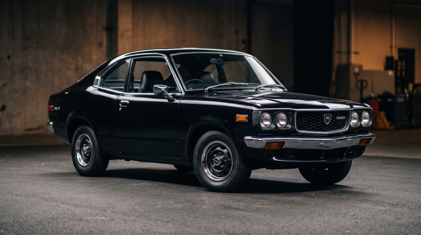 Mazda RX-3 coupé noir des années 1970 stationné en vue de trois quarts avant, mettant en valeur son design iconique et ses chromes.