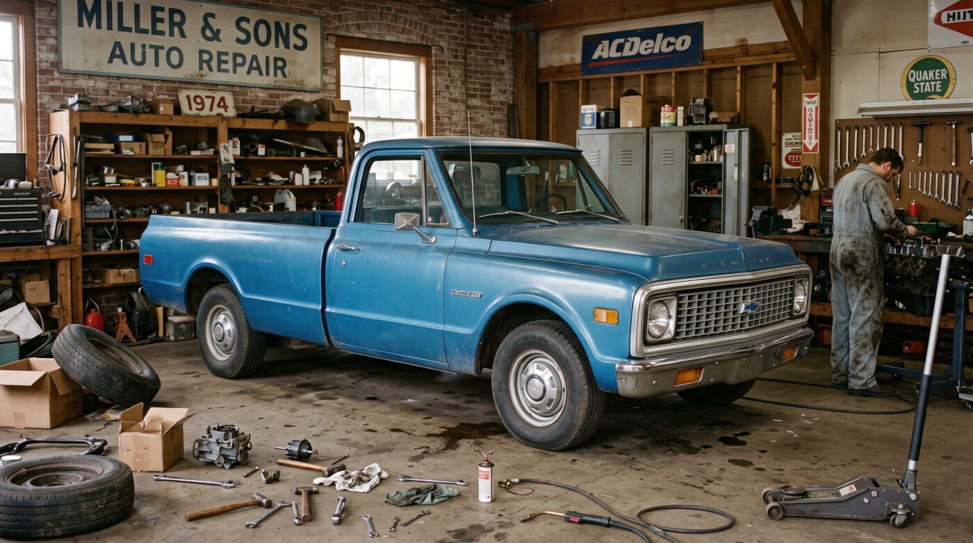 Chevrolet C10 Bleu : Historique Mise en scène historique évoquant l'entretien d'un Chevrolet C10 bleu dans un atelier classique.