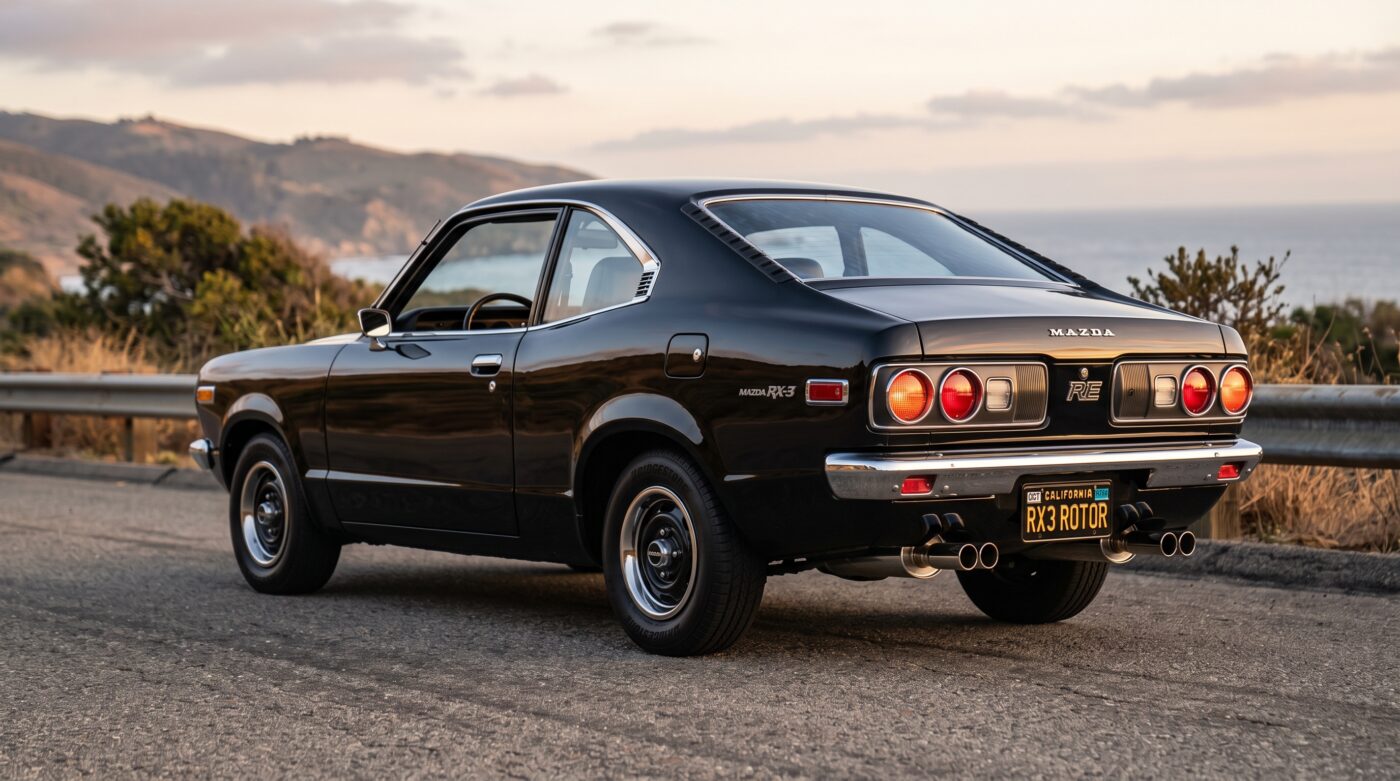 Vue de trois quarts arrière d'une Mazda RX-3 noire de 1971, montrant le design des feux arrière et les lignes classiques de la carrosserie.