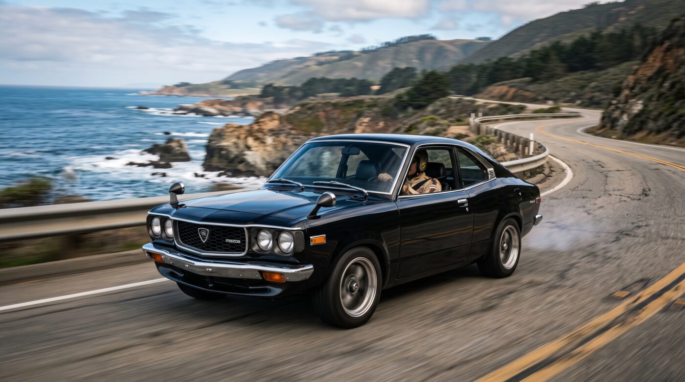 Mazda RX-3 noire en plein essai routier sur une route sinueuse, illustrant le dynamisme du coupé japonais classique.