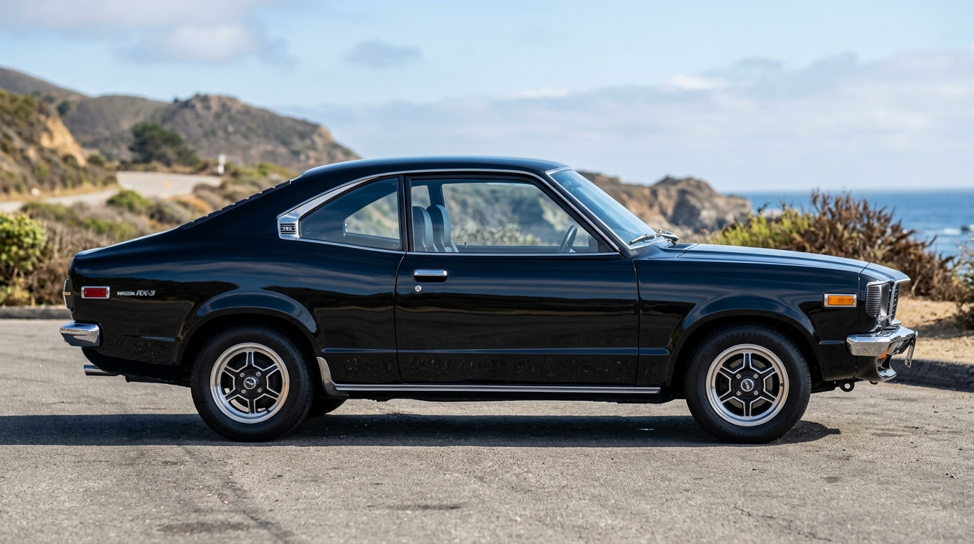 Profil latéral complet d'une Mazda RX-3 noire millésime 1971-1978, soulignant la silhouette élégante et les proportions du coupé.